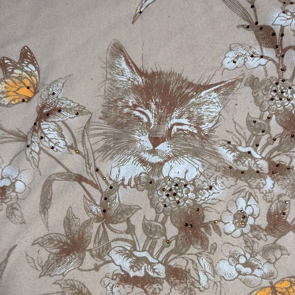 Vtg Y2K Morning Sun Beige Kitten Butterfly Rhinestone Embellished Top Sz 2X - Picture 4 of 5